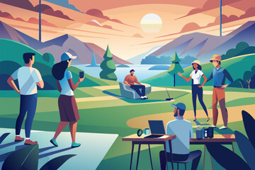 Gathering of friends at scenic golf club for outdoor meeting at sunset