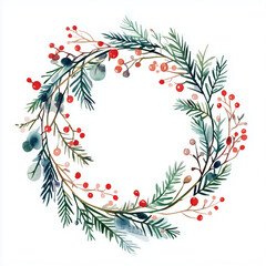 Watercolor illustration. Christmas wreath, green coniferous branches, green leaves and red berries. Christmas decor. Wreath isolated on a white background. Watercolor simple sketch.