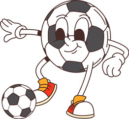 Cartoon retro groovy soccer ball character playing football, vector funny comic art. Groovy retro cartoon soccer or football ball character with happy face playing sport match goal for freaky emoji © Vector Tradition