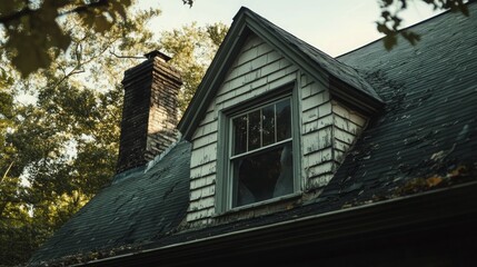 A close-up of an old, weathered,  wooden house with a broken window and a chimney. The roof is covered in green shingles.