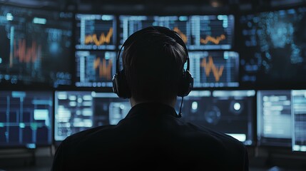 A focused individual wearing headphones observes multiple screens displaying data and analytics in a darkened control room.