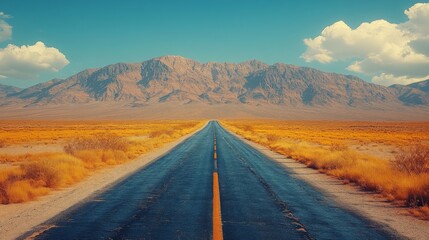 Fototapeta premium Vintage-Style Desert Highway with Mountains and Yellow Grass, American Landscape