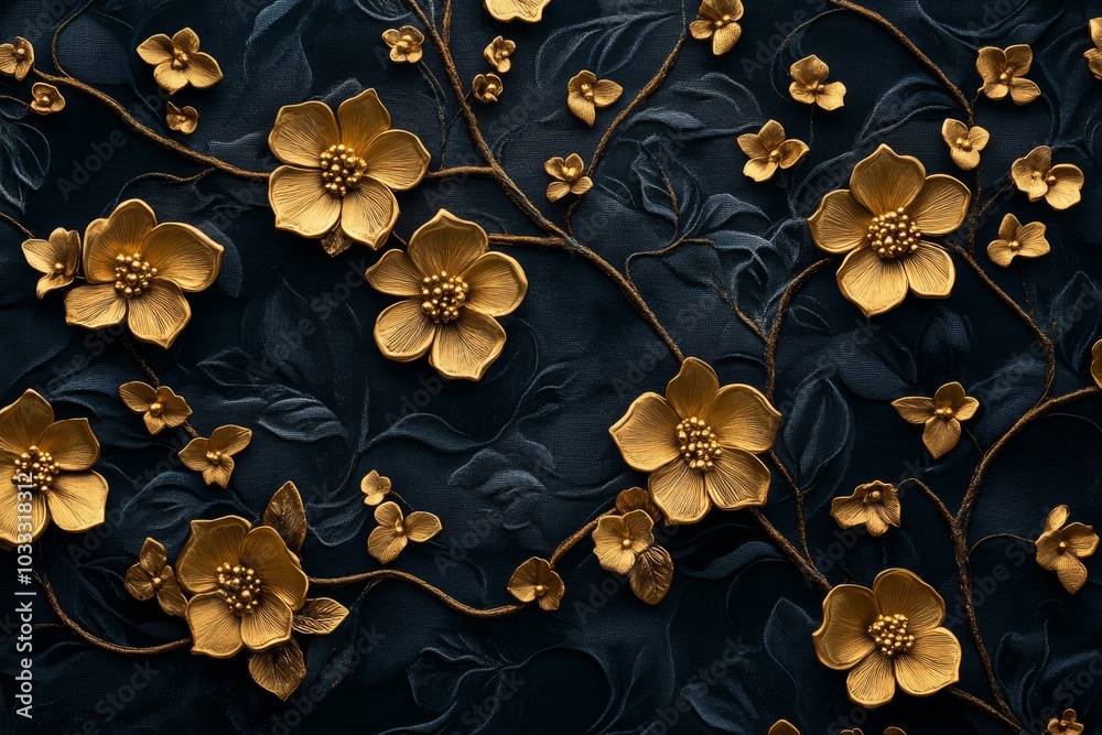 Wall mural golden floral pattern on black background elegant flower design luxury floral texture a