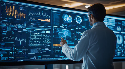 A scientist analyzes complex data on a high-tech screen, showcasing advanced technology and digital health insights.