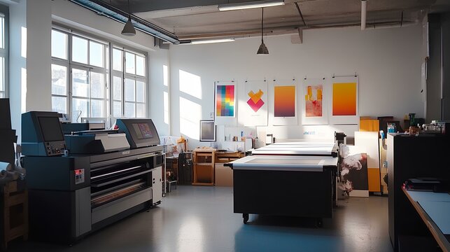 A bright printing studio featuring large printers, work surfaces, and colorful design prints on the walls, creating a creative and productive atmosphere.