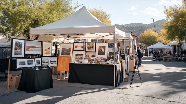 A vibrant outdoor art market featuring a canvas tent adorned with framed artworks, amidst a picturesque landscape under a clear blue sky.