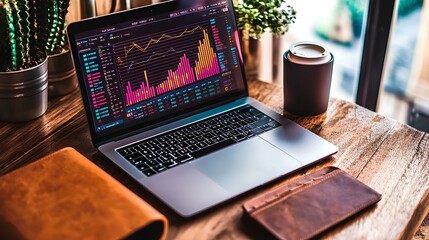 A modern laptop displaying colorful data graphs sits on a wooden desk with books and a coffee cup, surrounded by greenery.
