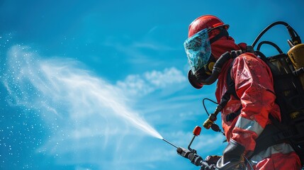 Obraz premium Dedicated Worker Sprays a Mist Under a Bright Blue Sky Promoting Health and Safety Outdoors