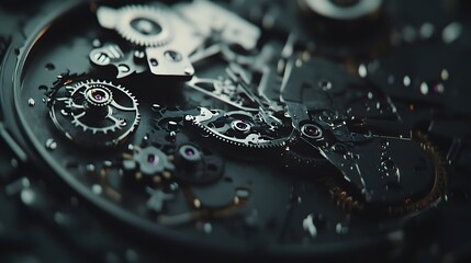 Intricate dismantled mechanical watch with detailed gears and springs on dark background, symbolizing precision and complexity in teardown analysis.