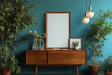 Stylish composition of artist workspace room with design retro teak commode, mock up poster frame, book, decoration and elegant accessories. Template, Generative AI