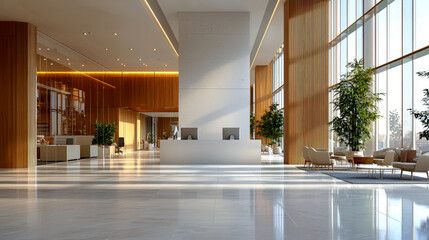 Modern lobby with large windows, wooden accents, and seating areas for visitors.