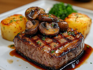 Medium-rare filet mignon with a balsamic glaze, sautéed mushrooms, and a creamy potato gratin, served on a minimalist white square plate, in a high-end restaurant.