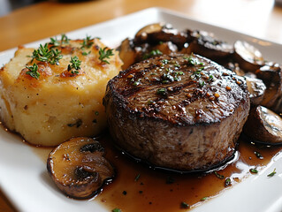 Medium-rare filet mignon with a balsamic glaze, sautéed mushrooms, and a creamy potato gratin, served on a minimalist white square plate, in a high-end restaurant.