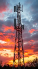 Modern Communication Tower Against Sunset Sky