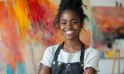 Fototapeta premium Cheerful painter standing in front of her artwork, Generative AI