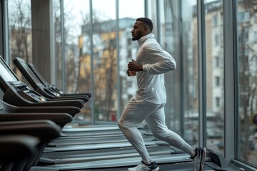 Fitness man running on treadmill testing his performance, Generative AI