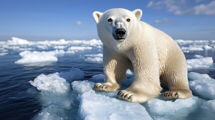 Fototapeta na wymiar Polar Bear on Melting Ice Floe in Arctic Ocean Climate Change Symbol