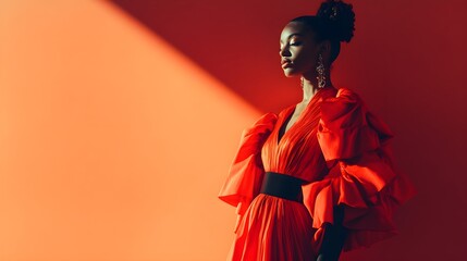 Elegant Woman in Red Dress with Ruffled Sleeves against Orange Background