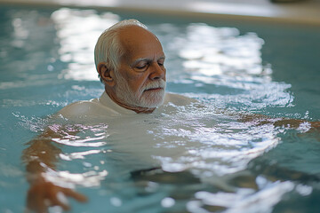 Old man in white shirt improves his mobility through aquatic therapy exercises.