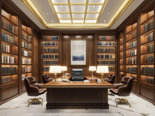 Elegance in Law: Sophisticated Firm Lobby with Mahogany Desks and Plush Seating
