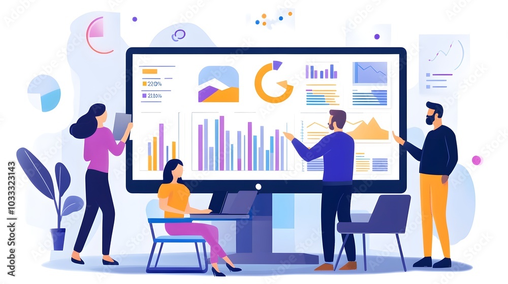 Poster business team analyzing data charts and graphs on computer screen