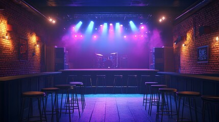 A vibrant music venue featuring a stage with colorful lights, empty bar stools, and a lively atmosphere, perfect for concerts and performances.