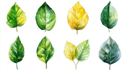 Obraz premium Watercolor Set of Green and Yellow Leaves Isolated on White Background