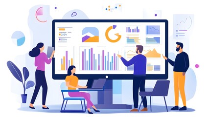 Business Team Analyzing Data Charts and Graphs on Computer Screen