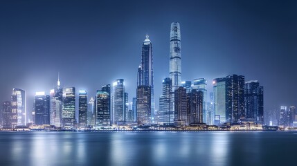 A stunning night skyline of a modern city illuminated by bright lights reflecting on the water.