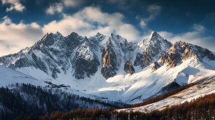 Fototapeta premium Majestic snow-covered peaks rise against a dramatic sky, showcasing the beauty of nature in a winter landscape.