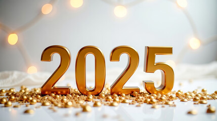 Christmas greeting card with golden numbers '2025' surrounded by gold New Year decorations and a soft, blurred gray background with sparkling lights.
