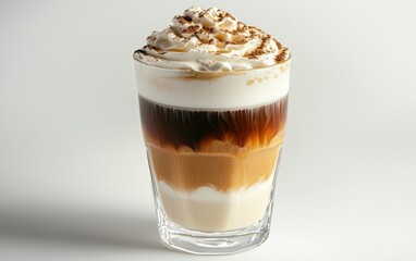 A cup of coffee. A trendy drink with whipped cream, coffee foam and milk in a double-glazed glass. professional stock photo on white background 