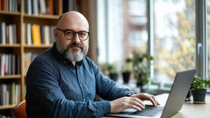 Fototapeta premium middle-aged man with a beard and glasses sitting at a laptop in a bright office, morning light fills the room through large windows, blurred bookshelves in the background