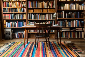 Wooden Table and Chair in a Reading Room with Bookshelves Filled with Books