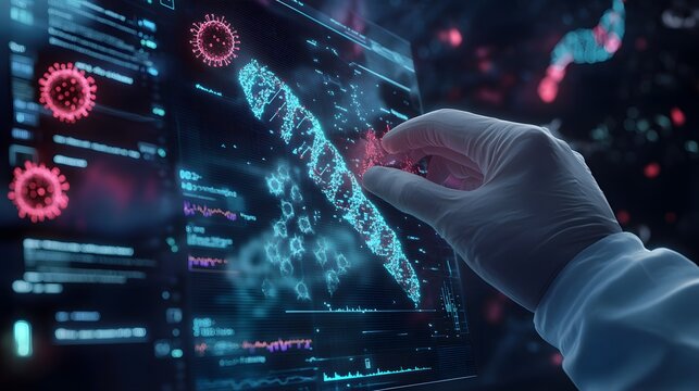 Gloved Hand Interacting with Digital Screen Displaying Coronavirus and Genetic Data