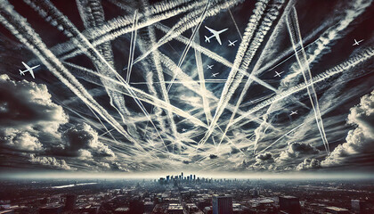 A crisscrossing grid of airplane contrails over a bustling city skyline, symbolizing global travel and environmental impact