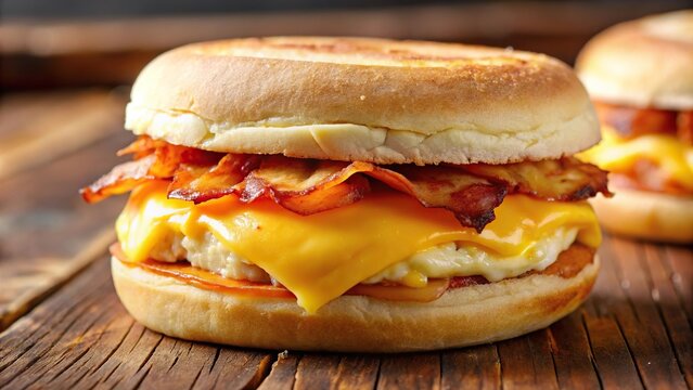 Breakfast sandwich with egg bacon cheese toasted English muffin