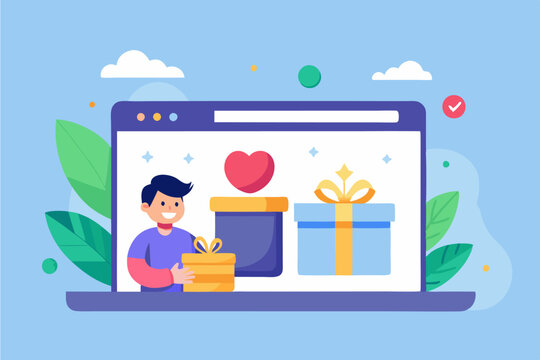Online gift giving concept with happy person presenting wrapped gifts for special occasions