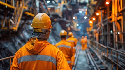 Team of Workers Conducting Safety Checks in a Dimly Lit Ore Processing Facility