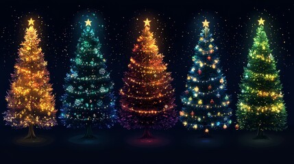 Colorful Christmas Trees with Lights and Ornaments