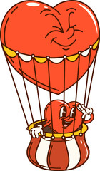 Groovy Valentine air balloon heart character. Isolated cartoon vector hippie y2k heart-shaped retro personage enjoying a ride in a whimsical air balloon captures joy and romance spreads love greetings