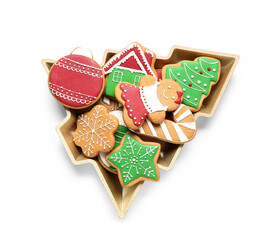 Delicious cookies in Christmas tree-shaped bowl on white background