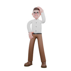 3D Societal Sociologist Male. A male sociologist is standing while holding his head and waist. Cartoon Illustration