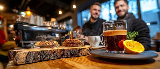Fototapeta premium Couple Enjoying Coffee in Cozy Coffee Shop Setting