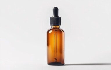 Amber glass bottle with black pump for essential oils or cosmetics, isolated