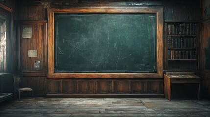 Vintage Classroom Chalkboard with Wooden Frame and Bookshelf