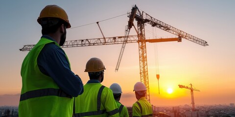 Construction Workers Silhouettes Sunset Construction Site Cranes Engineering Teamwork