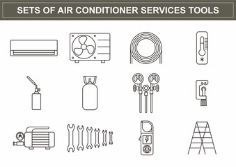 Sets outlined icon for air conditioning service and repair work. Industrial work graphic resources.