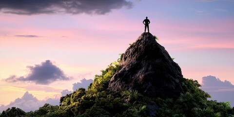 Silhouette of Man on Mountain Peak at Sunset