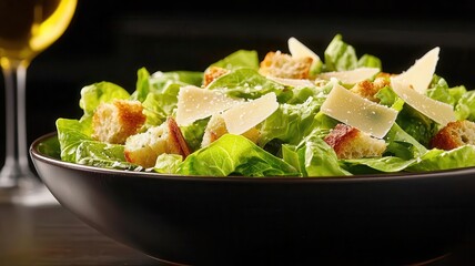 Closeup of a classic Caesar salad, focusing on the creamy dressing, crisp romaine lettuce, crunchy croutons, and shaved parmesan, 3D illustration